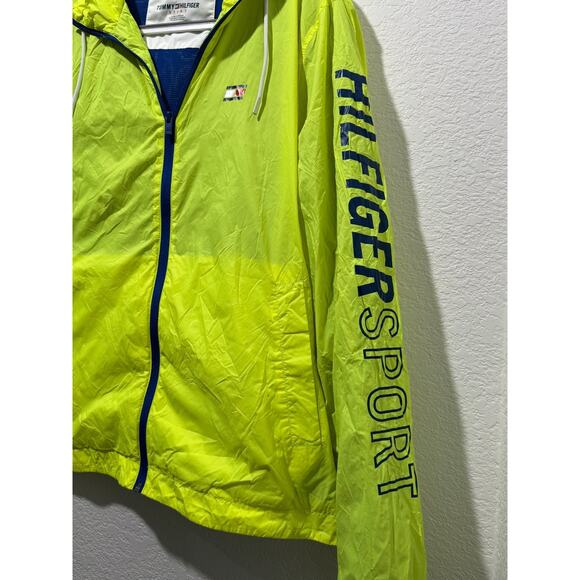 90s Tommy Hilfiger Mens Neon Green Yellow Hooded Windbreaker Jacket M Spell Out - Picture 3 of 13